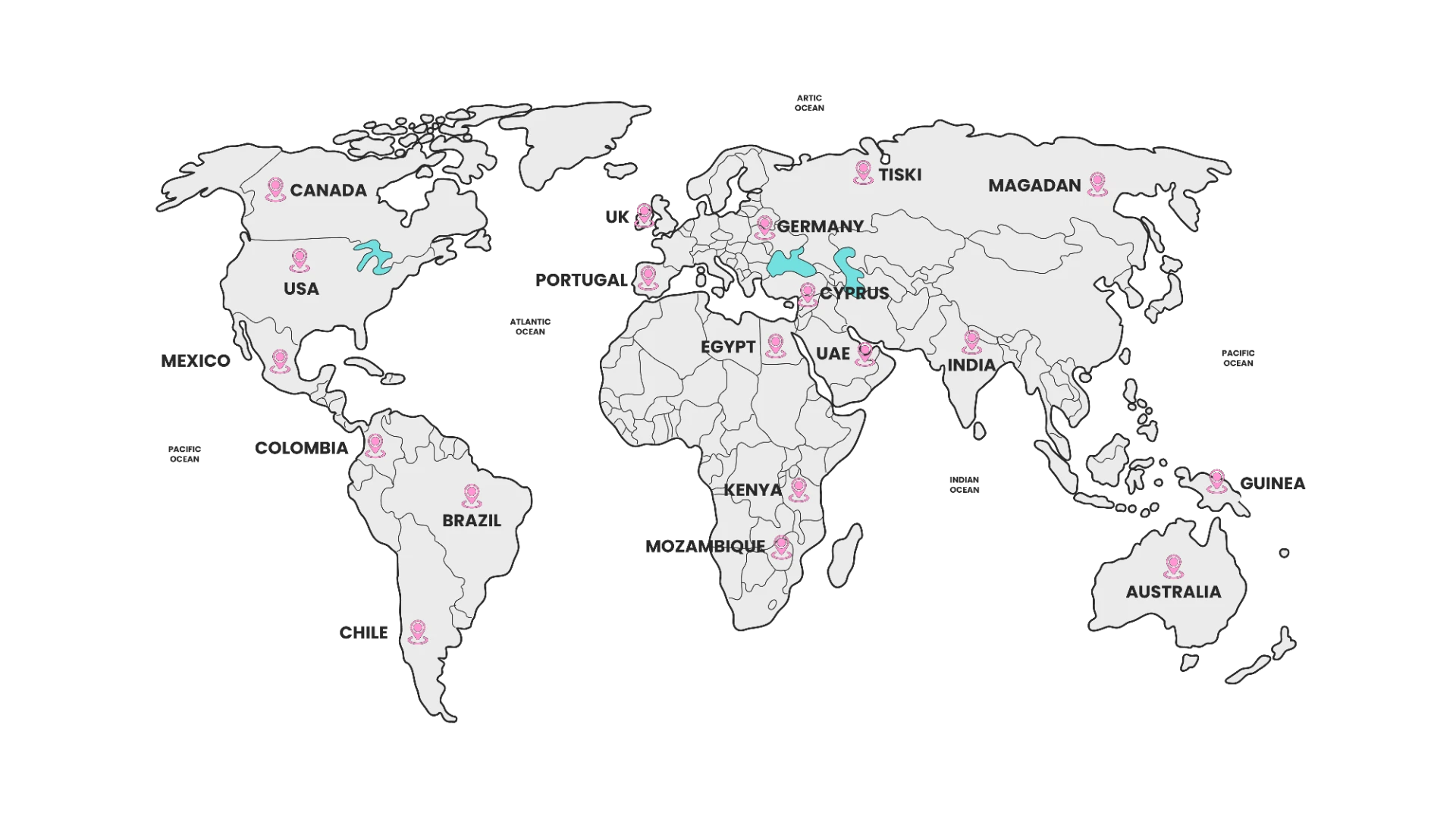 World map showing Saraf Group global customer locations