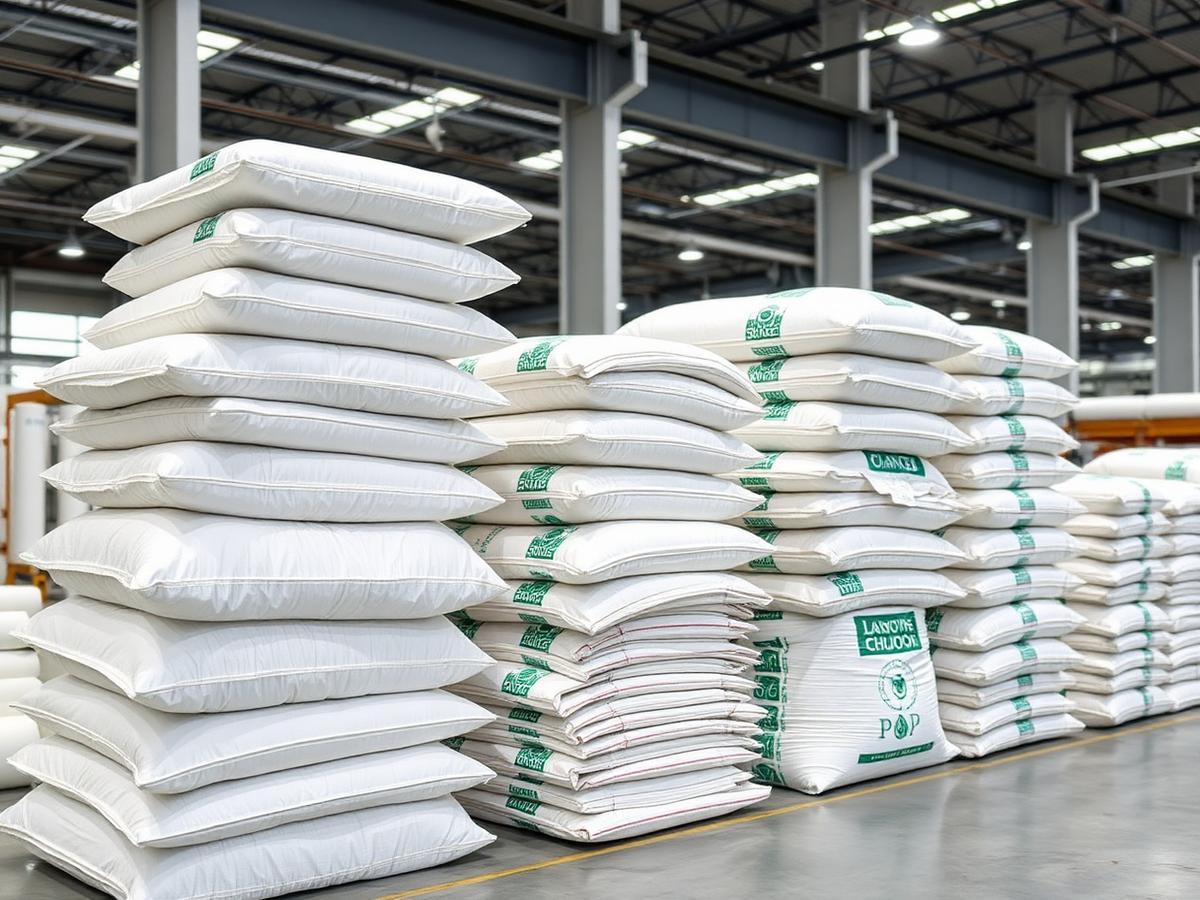 Woven polypropylene sacks stacked in a factory